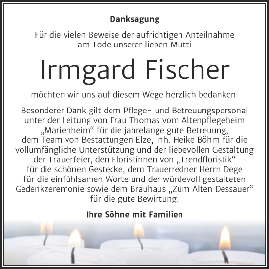 Traueranzeige von Irmgard Fischer von Trauerkombi Dessau