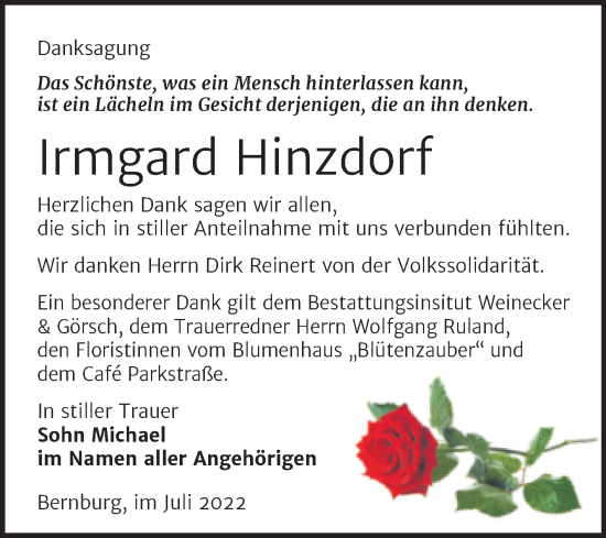 Traueranzeige von Irmgard Hinzdorf von Trauerkombi Bernburg