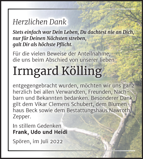 Traueranzeige von Irmgard Kölling von Trauerkombi Bitterfeld