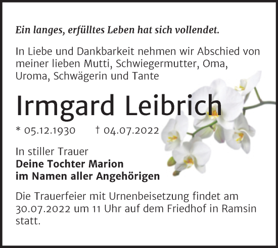 Traueranzeige von Irmgard Leibrich von Trauerkombi Bitterfeld