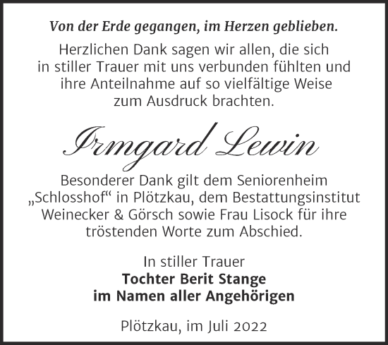 Traueranzeige von Irmgard Lewin von Trauerkombi Bernburg