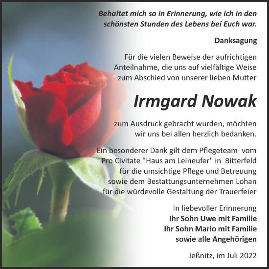 Traueranzeige von Irmgard Nowak von Trauerkombi Bitterfeld