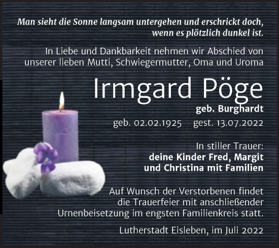 Traueranzeige von Irmgard Pöge von Trauerkombi Mansfelder Land