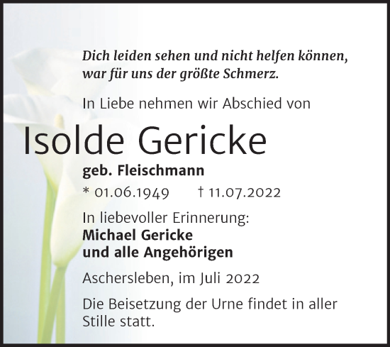 Traueranzeige von Isolde Gericke von Trauerkombi Aschersleben