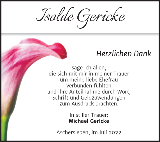 Traueranzeige von Isolde Gericke von Trauerkombi Aschersleben