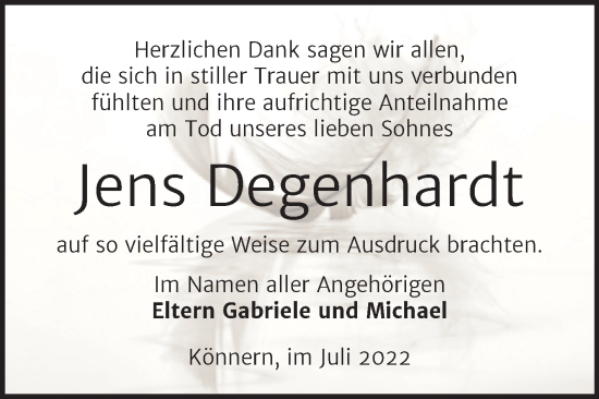 Traueranzeige von Jens Degenhardt von Trauerkombi Bernburg