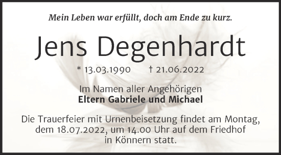Traueranzeige von Jens Degenhardt von Trauerkombi Bernburg