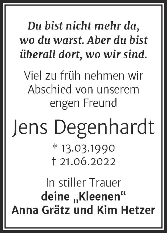 Traueranzeige von Jens Degenhardt von Trauerkombi Bernburg