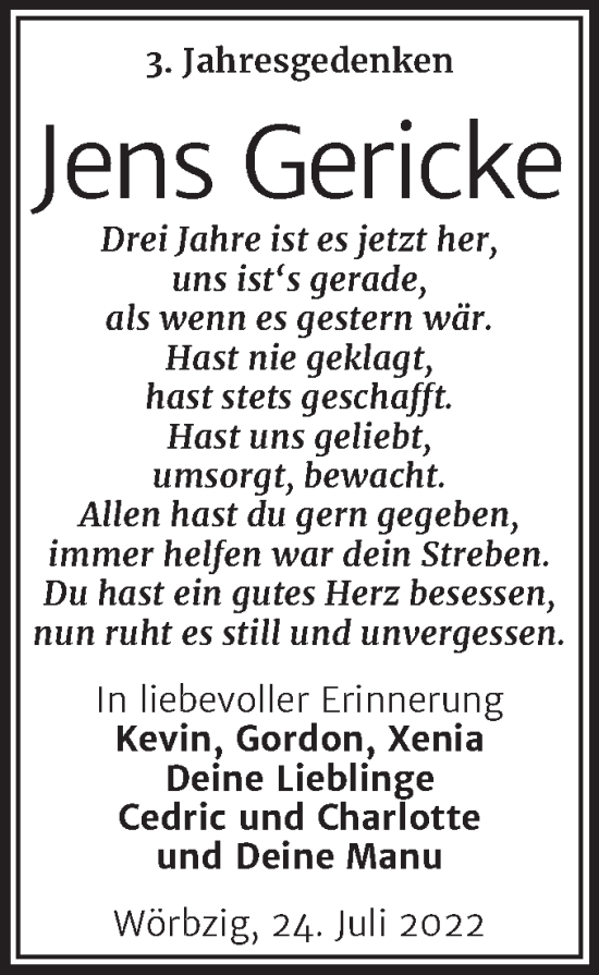 Traueranzeige von Jens Gericke von Trauerkombi Köthen