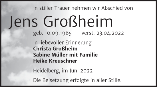 Traueranzeige von Jens Großheim von Trauerkombi Aschersleben