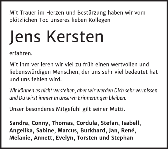 Traueranzeige von Jens Kersten von Mitteldeutsche Zeitung Bitterfeld