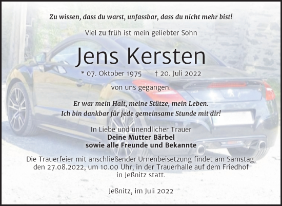 Traueranzeige von Jens Kersten von Trauerkombi Bitterfeld