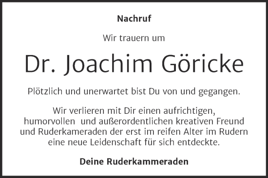 Traueranzeige von Joachim Göricke von Trauerkombi Dessau
