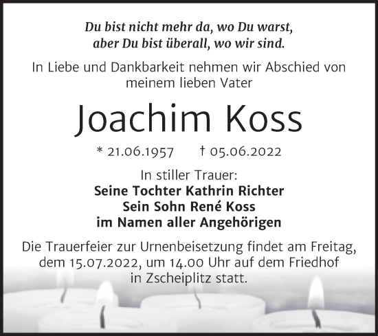 Traueranzeige von Joachim Koss von Wochenspiegel Naumburg/Nebra