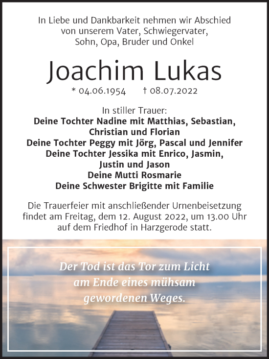Traueranzeige von Joachim Lukas von Trauerkombi Quedlinburg
