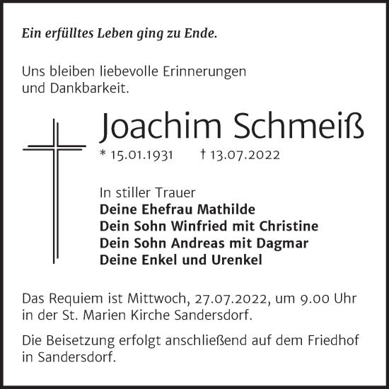 Traueranzeige von Joachim Schmeiß von Trauerkombi Bitterfeld