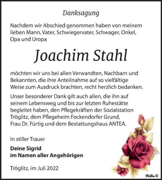 Traueranzeige von Joachim Stahl von Trauerkombi Zeitz