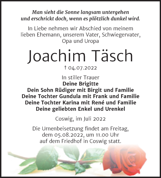 Traueranzeige von Joachim Täsch von Trauerkombi Wittenberg