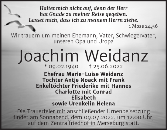 Traueranzeige von Joachim Weidanz von Trauerkombi Merseburg