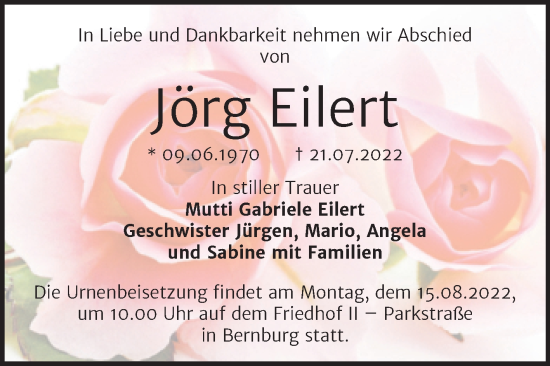 Traueranzeige von Jörg Eilert von Trauerkombi Bernburg