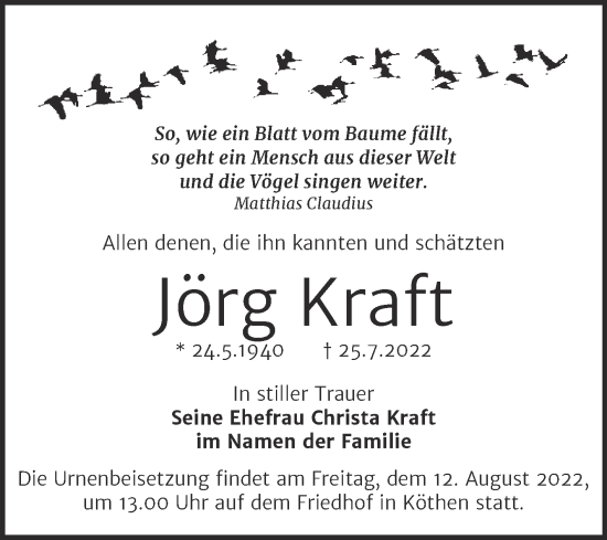 Traueranzeige von Jörg Kraft von Trauerkombi Köthen