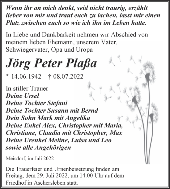 Traueranzeige von Jörg Peter Plaßa von Trauerkombi Aschersleben