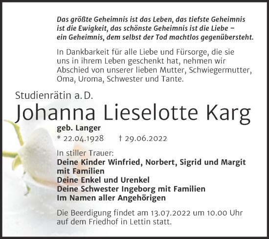 Traueranzeige von Johanna Lieselotte Karg von Mitteldeutsche Zeitung Halle/Saalkreis