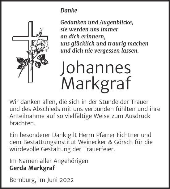 Traueranzeige von Johannes Markgraf von Trauerkombi Bernburg