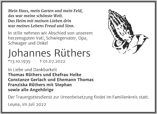 Traueranzeige von Johannes Rüthers von Trauerkombi Merseburg