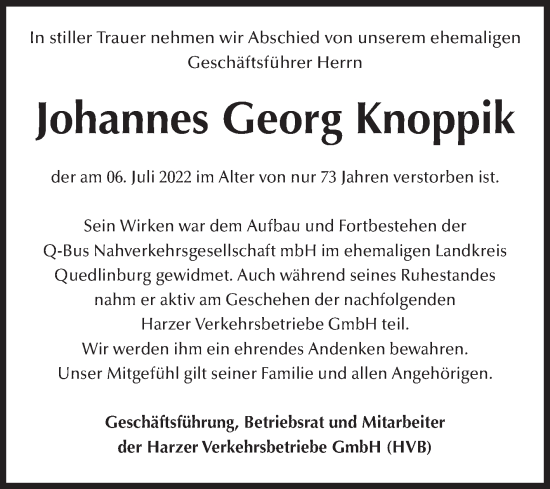 Traueranzeige von Johannes Georg Knoppik von Mitteldeutsche Zeitung Quedlingburg