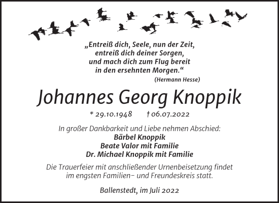 Traueranzeige von Johannes Georg Knoppik von Mitteldeutsche Zeitung Quedlingburg
