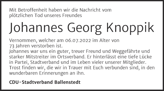 Traueranzeige von Johannes Georg Knoppik von Mitteldeutsche Zeitung Quedlingburg