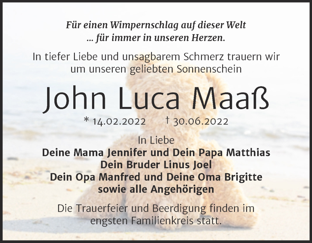  Traueranzeige für John Luca Maaß vom 06.07.2022 aus Trauerkombi Köthen