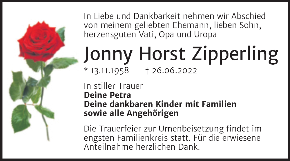  Traueranzeige für Jonny Horst Zipperling vom 02.07.2022 aus Trauerkombi Merseburg