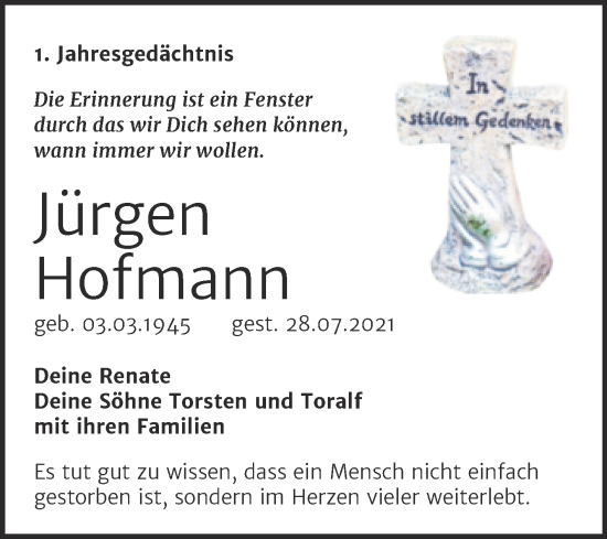 Traueranzeige von Jürgen Hofmann von Naumburger Tageblatt