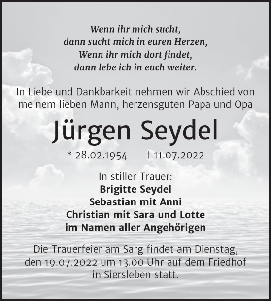 Traueranzeige von Jürgen Seydel von Trauerkombi Mansfelder Land