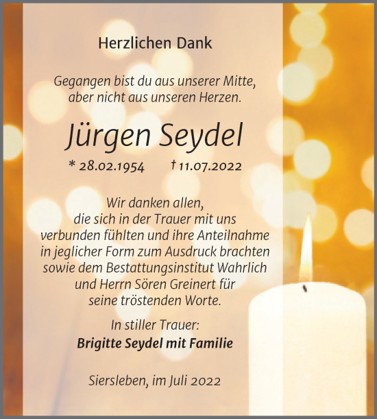 Traueranzeige von Jürgen Seydel von Trauerkombi Mansfelder Land
