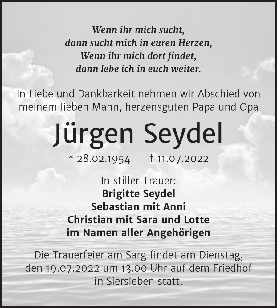  Traueranzeige für Jürgen Seydel vom 15.07.2022 aus Trauerkombi Mansfelder Land