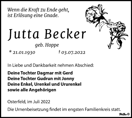 Traueranzeige von Jutta Becker von Trauerkombi Zeitz