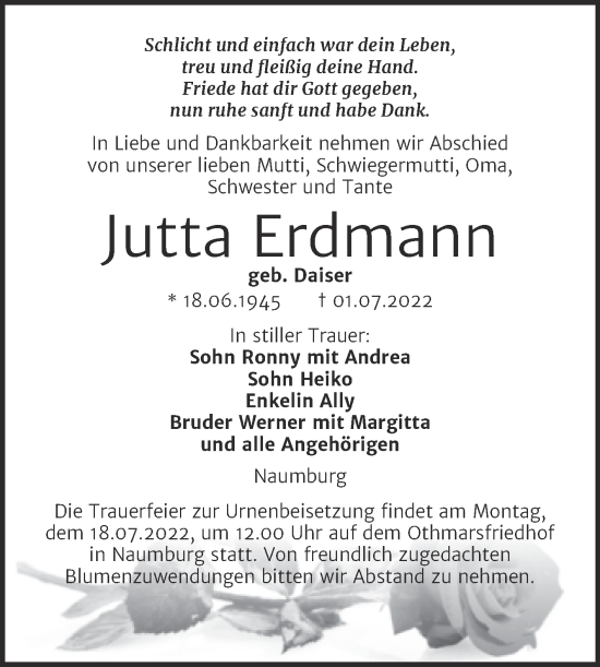 Traueranzeige von Jutta Erdmann von Wochenspiegel Naumburg/Nebra