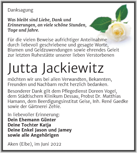 Traueranzeige von Jutta Jackiewitz von Trauerkombi Köthen