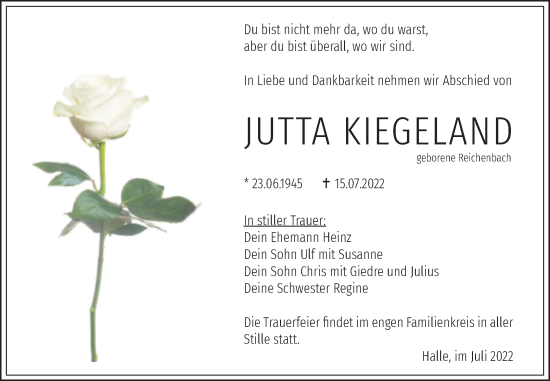 Traueranzeige von Jutta Kiegeland von Mitteldeutsche Zeitung Halle/Saalkreis
