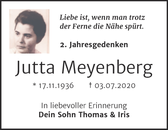 Traueranzeige von Jutta Meyenberg von Trauerkombi Bitterfeld