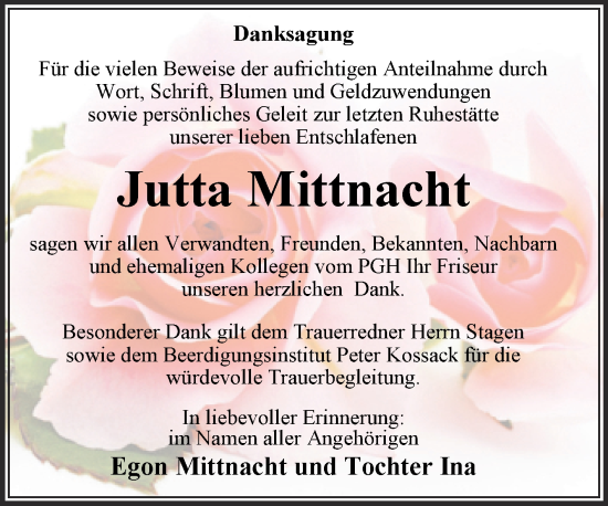 Traueranzeige von Jutta Mittnacht von Trauerkombi Wittenberg