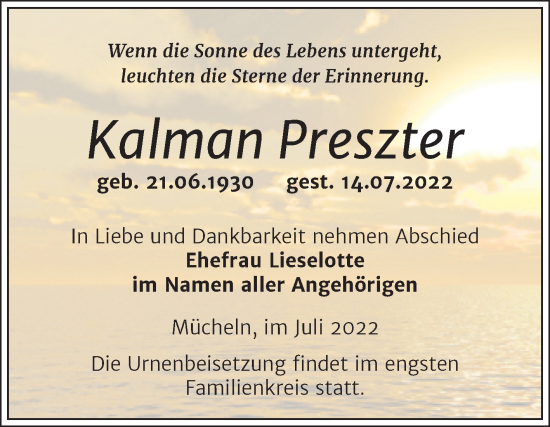 Traueranzeige von Kalman Preszter von Trauerkombi Merseburg