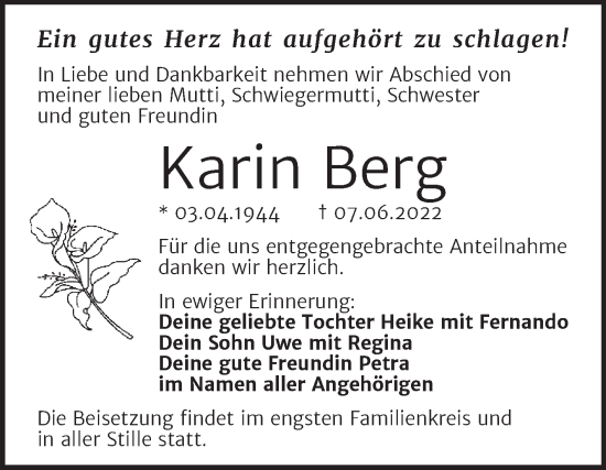 Traueranzeige von Karin Berg von Trauerkombi Bitterfeld