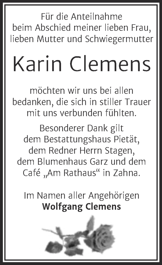 Traueranzeige von Karin Clemens von Trauerkombi Wittenberg