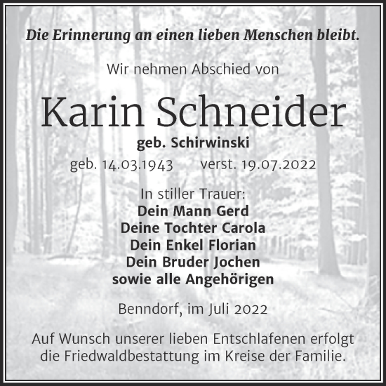 Traueranzeige von Karin Schneider von Trauerkombi Mansfelder Land