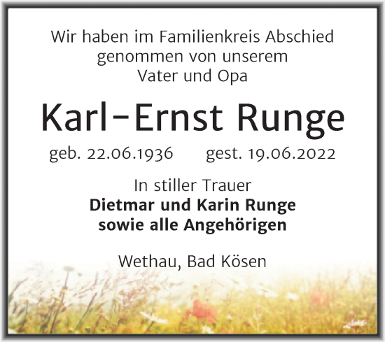 Traueranzeige von Karl-Ernst Runge von Wochenspiegel Naumburg/Nebra