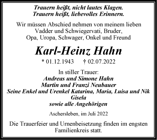Traueranzeige von Karl-Heinz Hahn von Trauerkombi Aschersleben